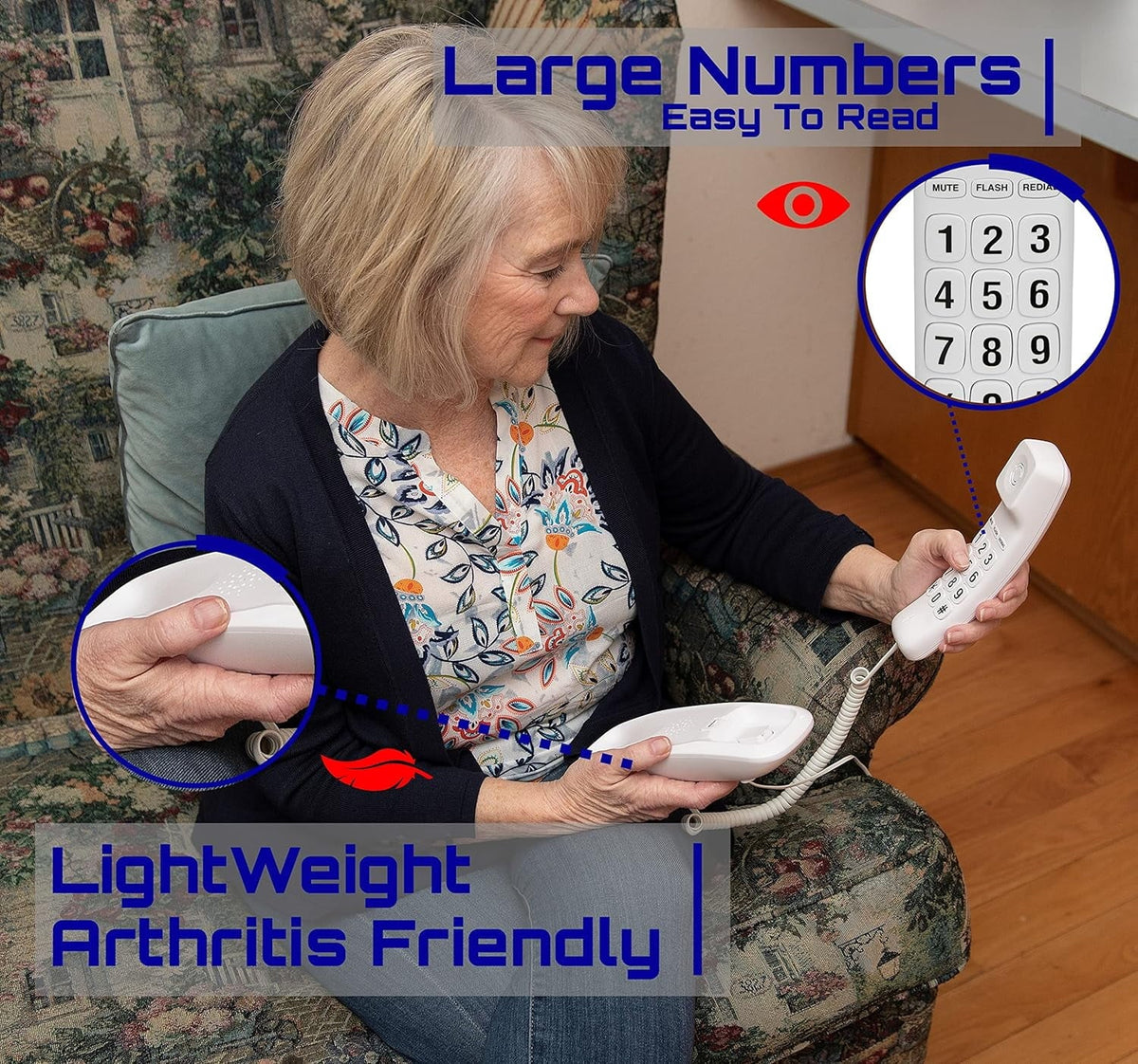 Tyler Landline Corded Phone - Big Button for Seniors - Loud Ringer for Impaired - Wall Mountable - Call