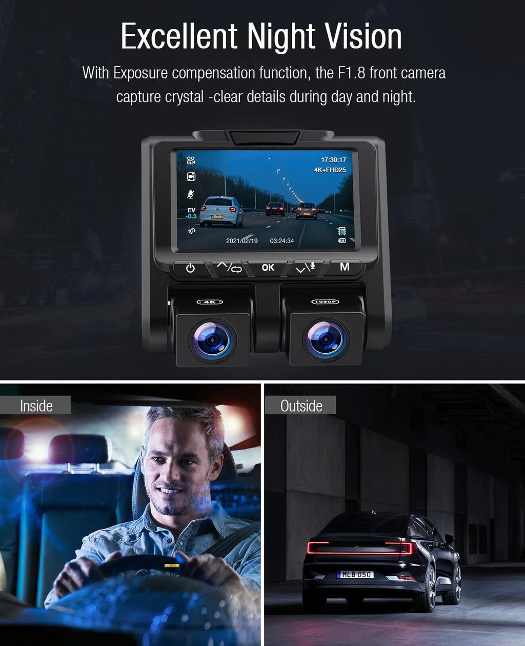 4K Dash Camera  TOGUARD 4K+1080P Dash Cam Front and Inside 3" LCD Screen Car Camera Loop Recording Parking Mode G-Sensor