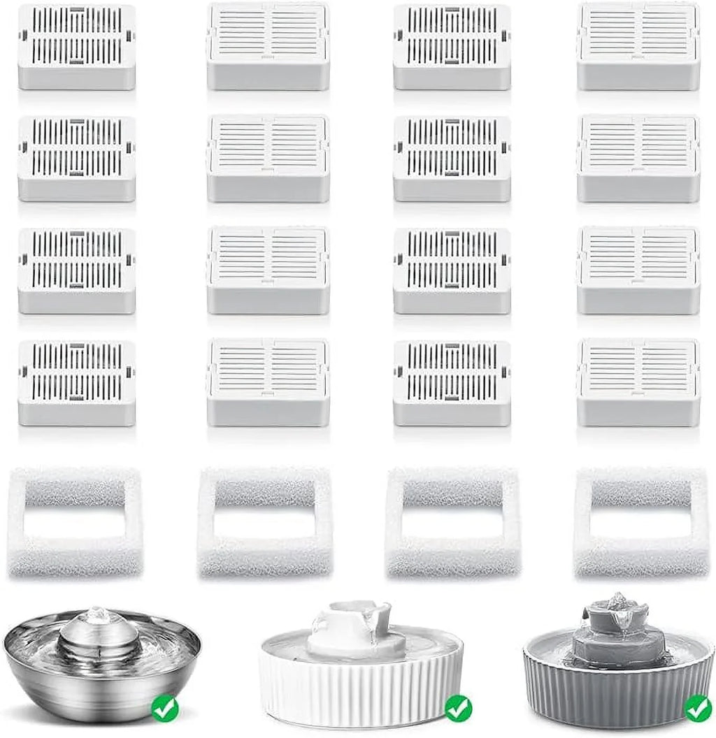 NautyPaws Cat Fountain Replacement Filters, 16 Carbon Filters with 4 Foam Filters, appropriate with Ceramic Cupcake and Wave Cat Fountain and 67oz/2L Stainless Steel Cat liquid Fountain(20PACK)