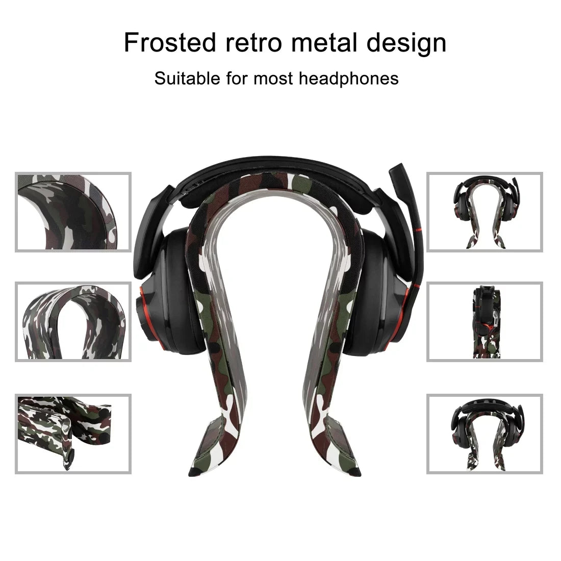 Geekria Vegan Leather Wooden Omega Headphone Stand for Over-Ear Headphones, Gaming Headset Stand, Desk Display Hanger suitable with Sennheiser, JBL, Hyperx, , Turtle Beach,  PS5 (Camo)