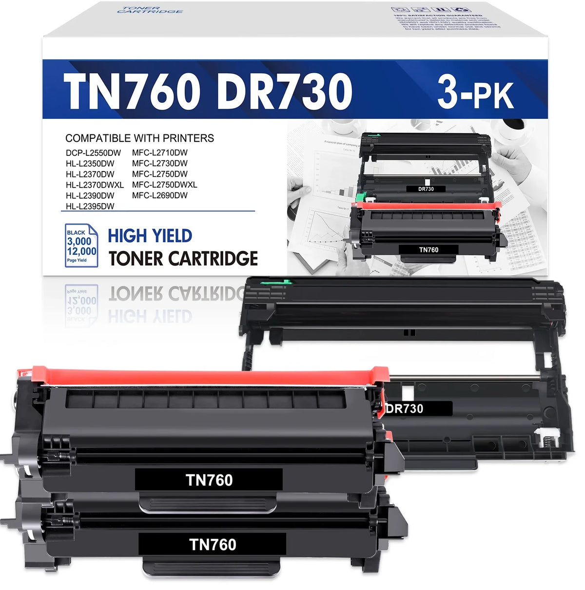 TN760 TN730 Toner Cartridge and DR730 Drum Unit Set matching for Brother DCP-L2550DW HL-L2350DW MFC-L2710DW MFC-L2690DW Printer (2x TN-760 Toner, 1x DR-730 Drum Unit )