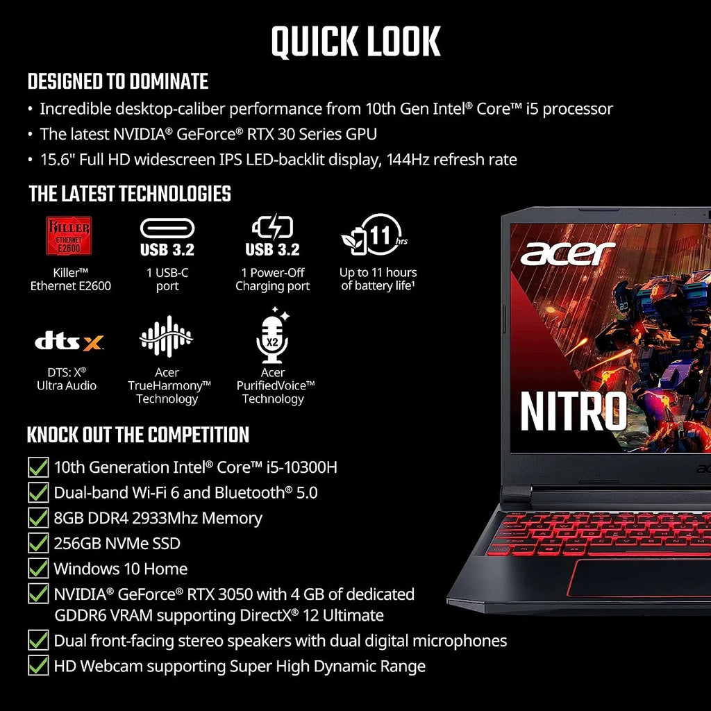 Nitro 5 15.6-Inch 144hz IPS Gaming Laptop + High high-grade 6ft HDMI Cable + LCD Screen Cleaner + Wired Stereo Gaming Headset + Gaming Controller- Carbon Black