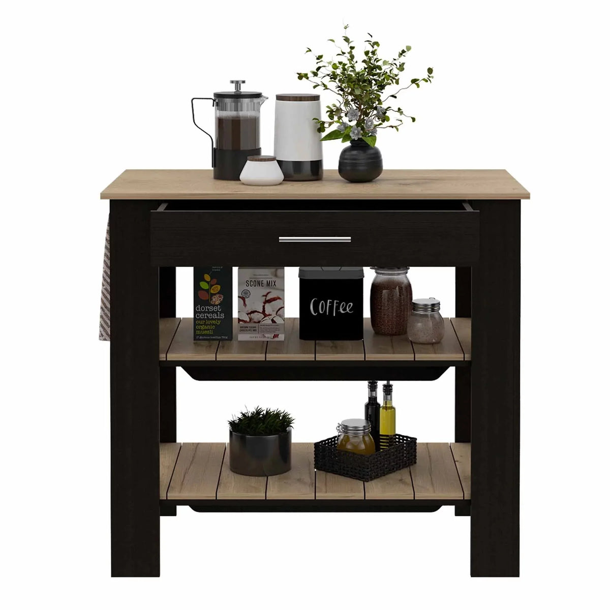 Boahaus Reims Kitchen Island, Assembled Product Height 37 in, Black Wengue / Light Oak