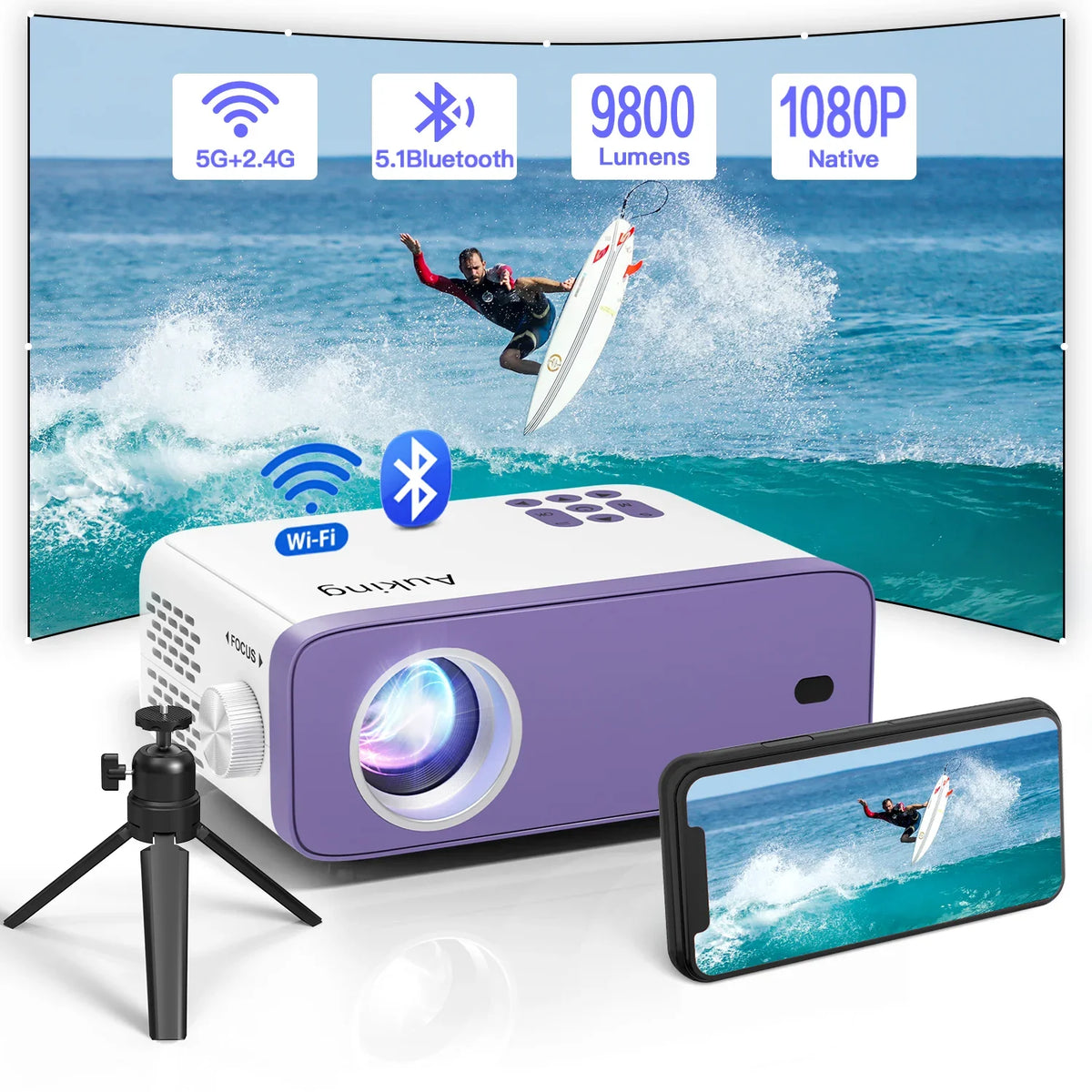 Auking 5G WIFI Bluetooth Mini Projector, 9800Lumens 1080P Full HD and 220" Display Supported movie Projector, Home Theater Projector matching with iOS/Android, (Tripod Included)