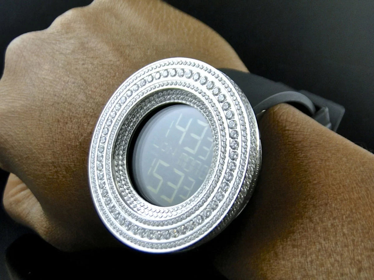 Mens Simulated Diamond Designer Watch In White Gold Finish (Exclusive Bezel)