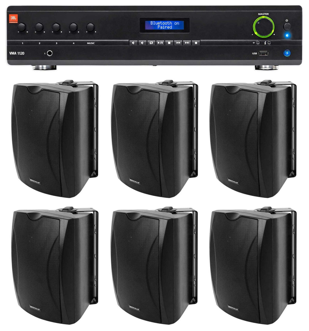 JBL VMA1120 Commercial/Restaurant 70v Mixer/Amplifier+(6) 6.5" Wall Speakers