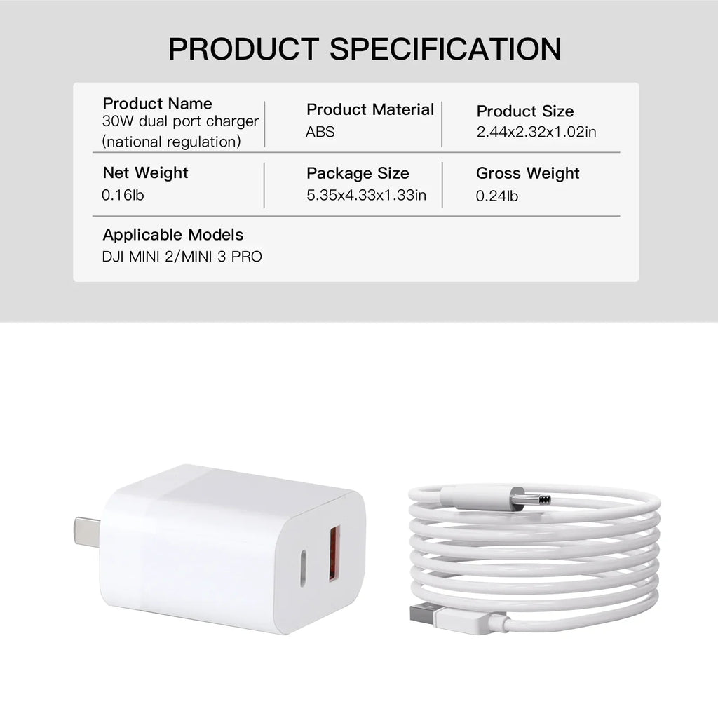 30W USB Charger with Type-C Cable Dual-Port Charging for DJI Mini 2/Mini 3 Pro Charging Parts