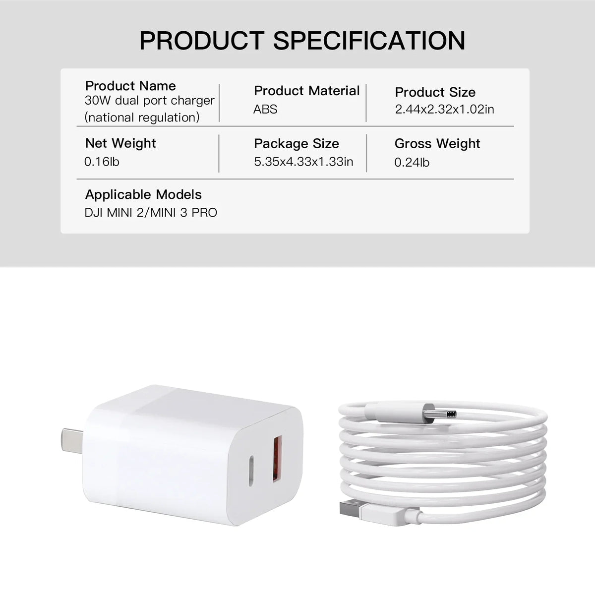 30W USB Charger with Type-C Cable Dual-Port Charging for DJI Mini 2/Mini 3 Pro Charging Parts