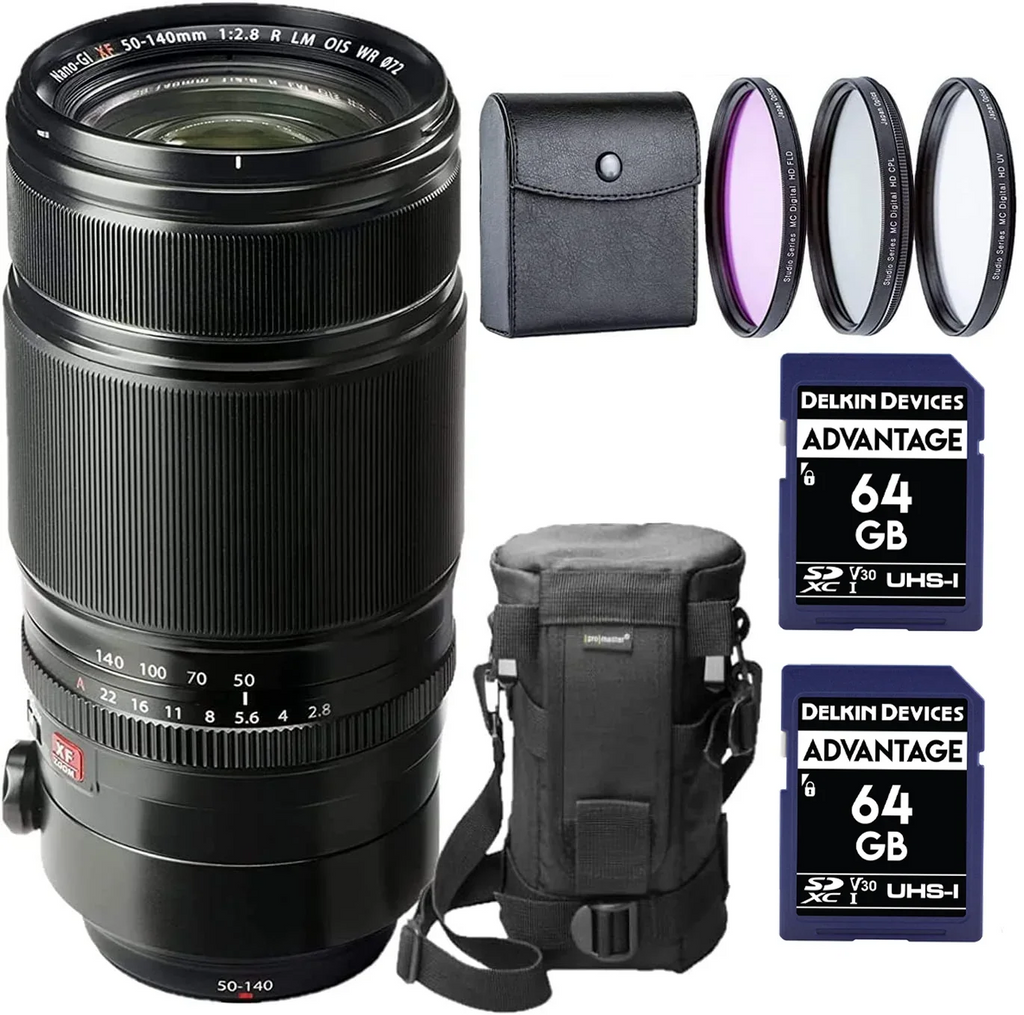 Fujifilm Fujinon XF 50-140mm F2.8 R LM OIS WR Lens Bundle with 2X SDXC Memory Card, 3 PC Filter kit, Flexible Tripod & Lens Case | Fuji 50-140mm f2.8 (USA Authorized - Fujifilm Warranty)