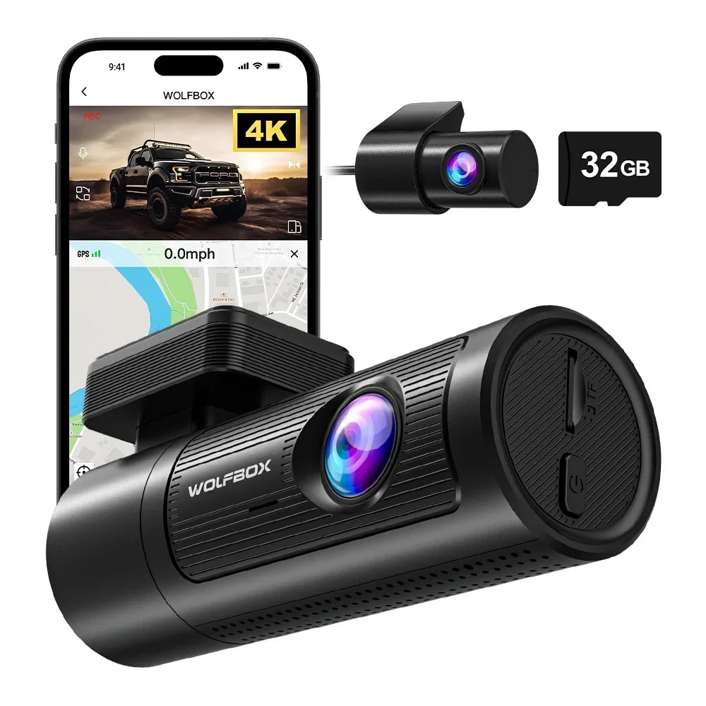 WOLFBOX Dash Cam Front and Rear, 4K UHD Front and 1080P Rear DashCam with GPS & WiFi, Car Dashcam with Night Vision, WDR, Free 32G Card, Loop Recording
