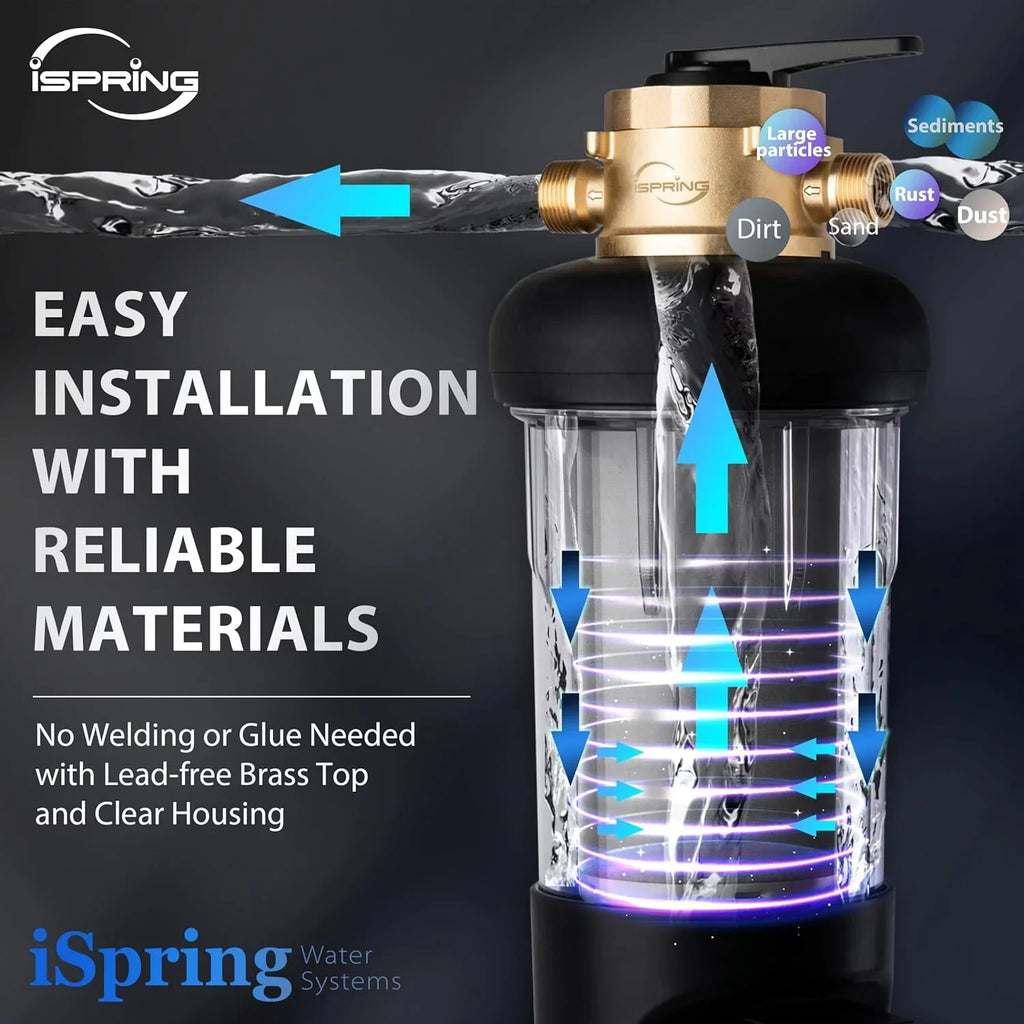 iSpring WSP100ARJ-BP Whole House Prefilter, Spin-Down Sediment moisture Filter with Bypass, Upgraded Clear Housing, Jumbo Size, Flushable and Reusable, Touch-Screen Auto Flushing, 4 Modes, 100 Microns