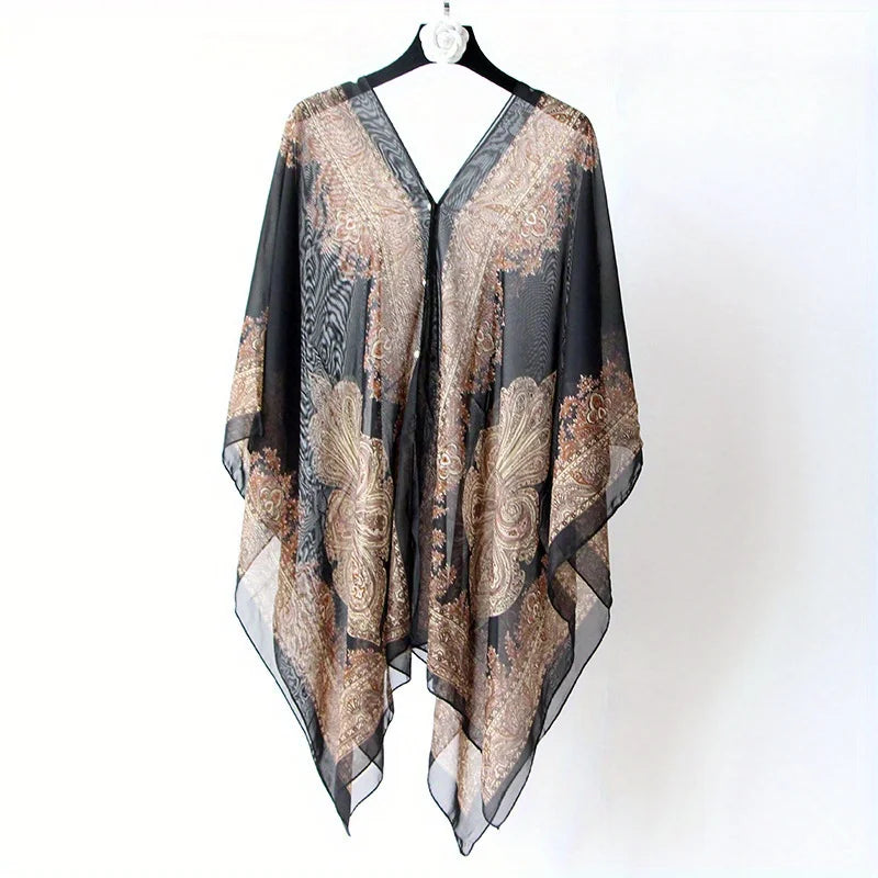 Jkzcp  Fashionable Sun Protection  Vintage Paisley Print Shawl Bikini wrap Up With Button