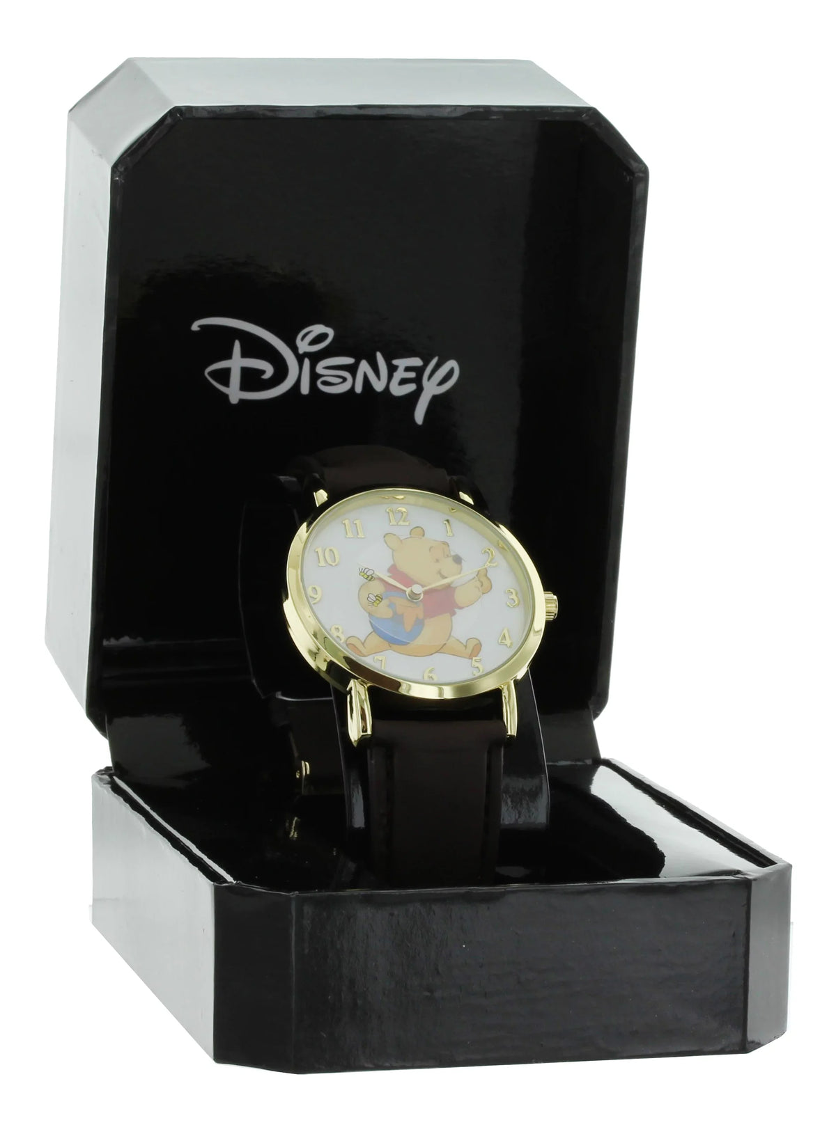 Disney Winnie The Pooh Rotating Bees Gold Tone Case With Brown Leather Band Analog Watch WP5003