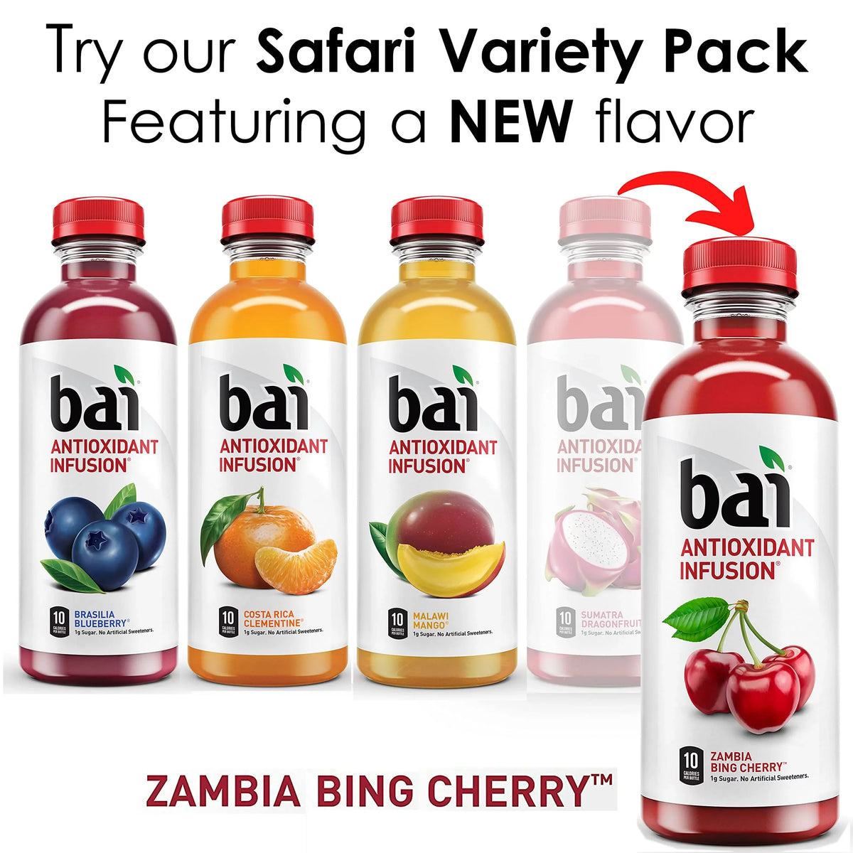 Bai Flavored aqua, Safari Variety Pack, Antioxidant Infused Drinks, 3 Each of Brasilia Blueberry, Costa Rica Clementine, Malawi Mango, Zambia Bing Cherry,18 Fl Oz Bottles (Pack of 12)