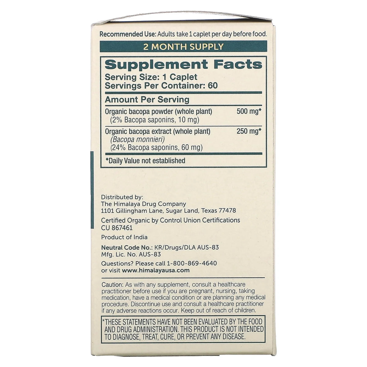 Himalaya Organic Bacopa/Brahmi, 60 Caplets for Mental Alertness, Cognitive Health & Memory Support, 750mg