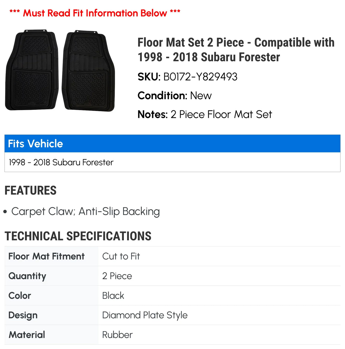 Floor Mat Set 2 Piece - appropriate with 1998 - 2018 Subaru Forester 1999 2000 2001 2002 2003 2004 2005 2006 2007 2008 2009 2010 2011 2012 2013 2014 2015 2016 2017