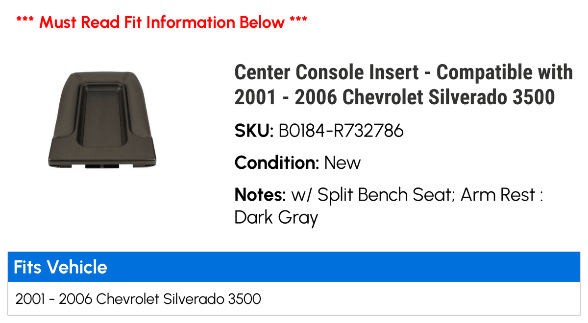 Center Console Insert - matching with 2001 - 2006 Chevy Silverado 3500 2002 2003 2004 2005