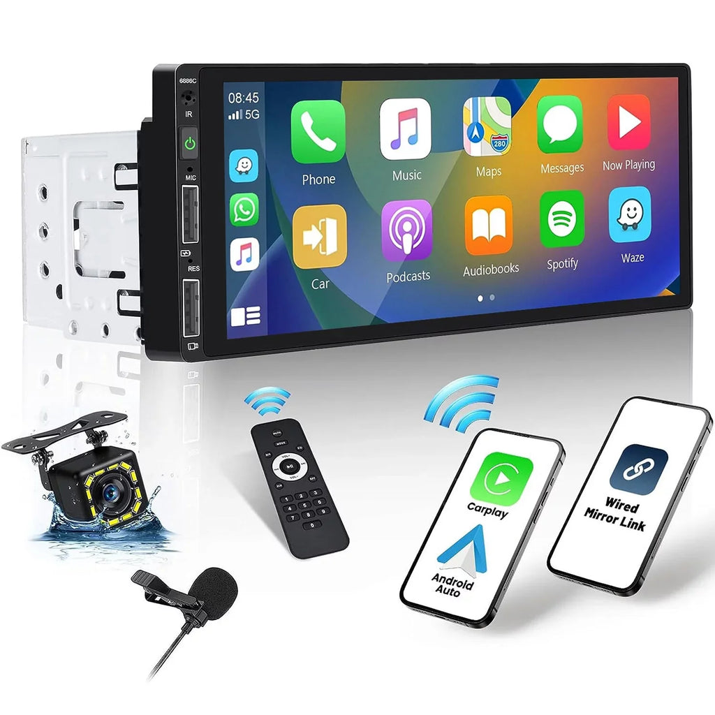 Podofo Single 1 Din 6.86'' HD Touchscreen Car Stereo Radio Wireless Carplay Android Auto Mirror Link Car MP5 Multimedia Player Bluetooth FM Receiver Audio USB,with Mic&Backup Camera