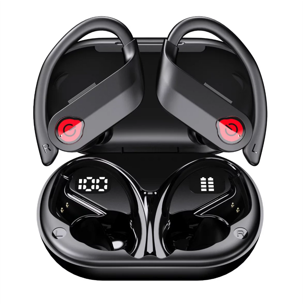 Bluetooth Headphones Wireless Earbuds 20hrs Playtime Charging Case Digital Display Sports Ear buds with Earhook Premium Deep Bass IPX7 Waterproof Over-Ear Earphones for TV Phone Laptop Black