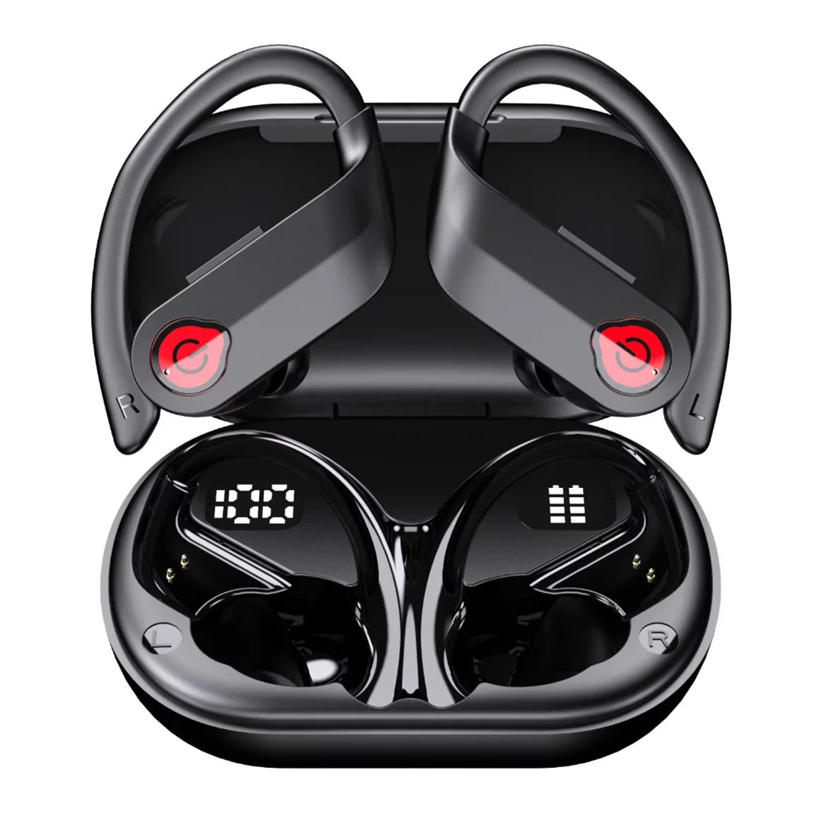 Bluetooth Headphones Wireless Earbuds 20hrs Playtime Charging Case Digital Display Sports Ear buds with Earhook Premium Deep Bass IPX7 Waterproof Over-Ear Earphones for TV Phone Laptop Black