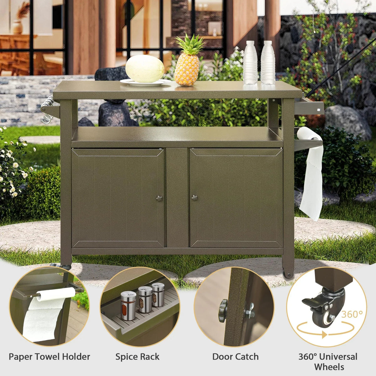CoSoTower Grill Carts Outdoor Storage Cabinet with Wheels, Metal Outdoor Grill Table Kitchen Dining Table Cooking Prep BBQ Table for Patio, Kitchen Island, Home Party, Bar (Brown)