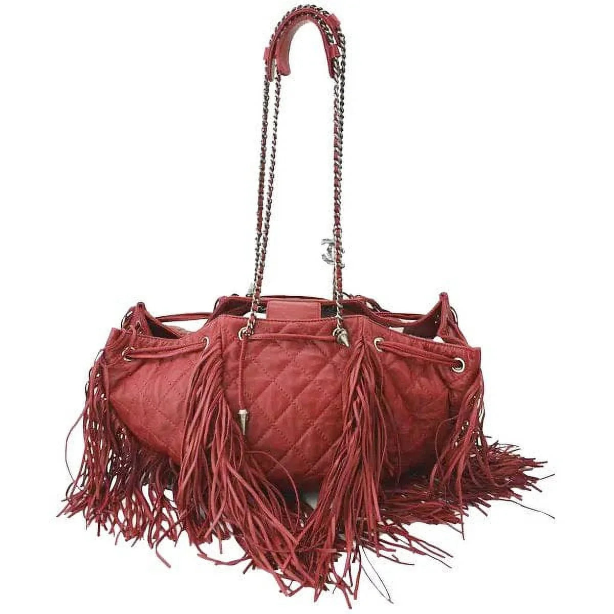Pre-Loved CHANEL Paris Dallas Drawstring Fringe Leather Shoulder Bag Red