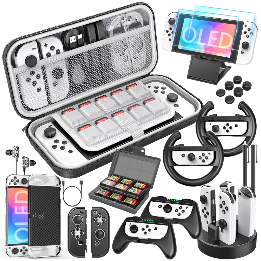 HEYSTOP Switch OLED Accessories for Nintendo Switch OLED Case Bundle,27 in 1 Carry Case for Switch OLED with Protective protector,Grip wrap,Screen Protector,Game Cards Case,Grip Charge Dock, Black