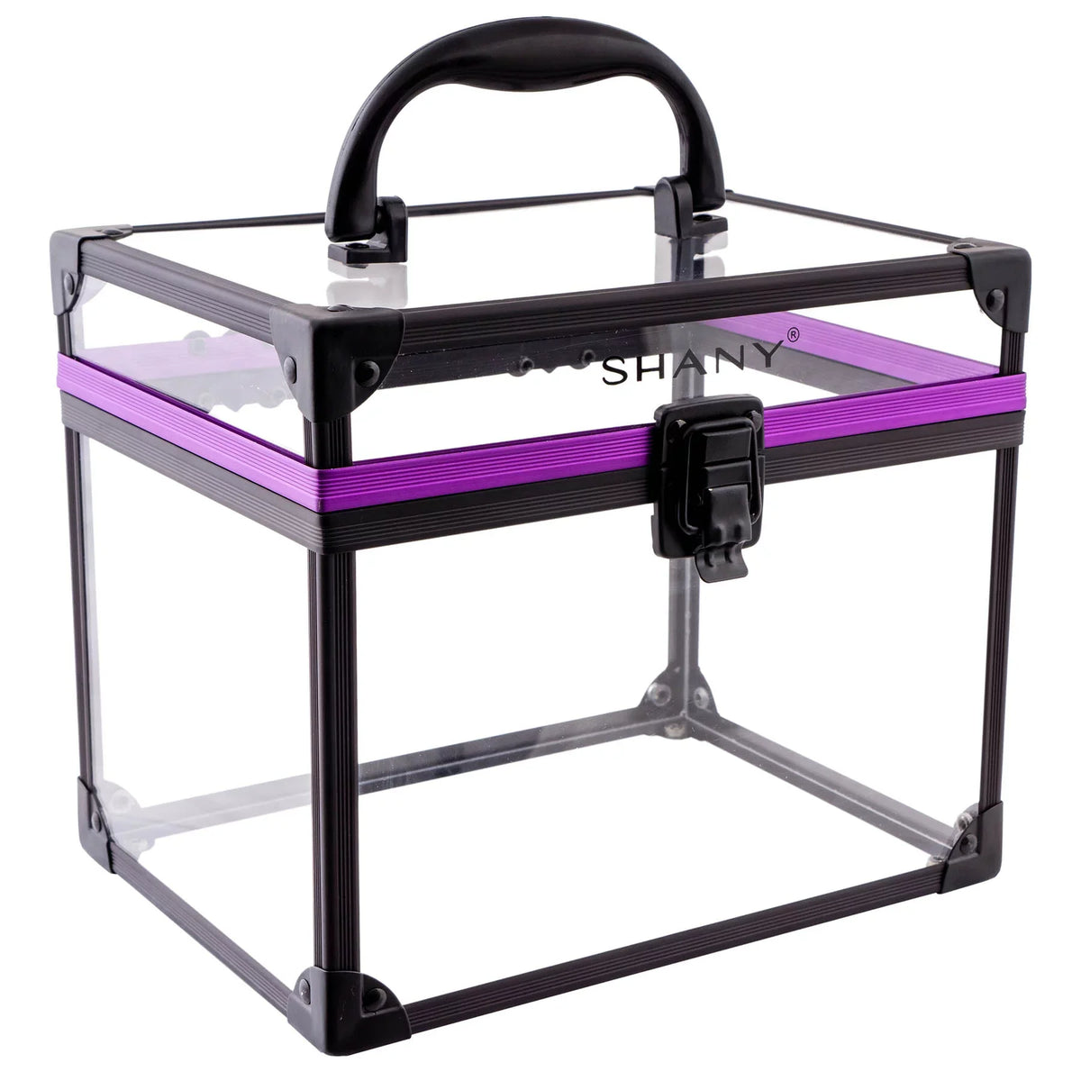SHANY Clear Cosmetics and Toiletry Train Case - Clear Travel Makeup Bag Case Organizer with Secure Closure and Black/Purple Accents - Extra Large