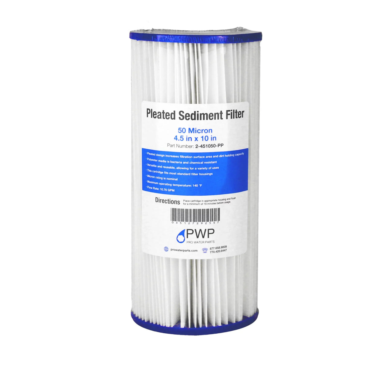 Pleated Poly aqua Filter Cartridge 10x4.5" 50 Micron 20 Pack