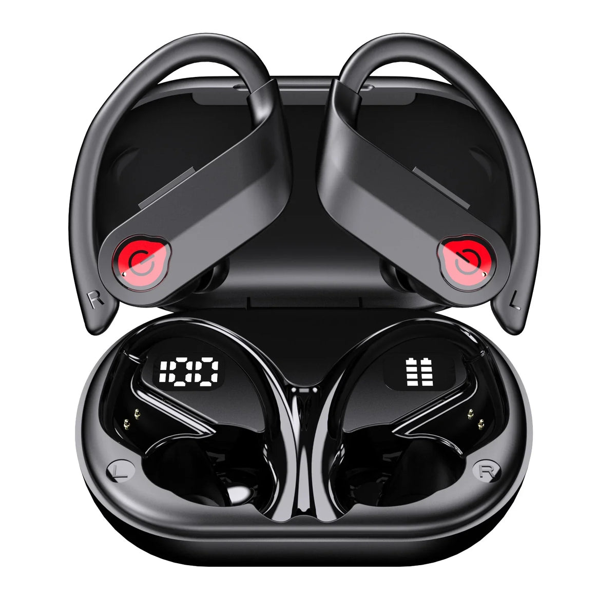 Bluetooth Headphones Wireless Earbuds 20hrs Playtime Charging Case Digital Display Sports Ear buds with Earhook Premium Deep Bass IPX7 Waterproof Over-Ear Earphones for TV Phone Laptop Black