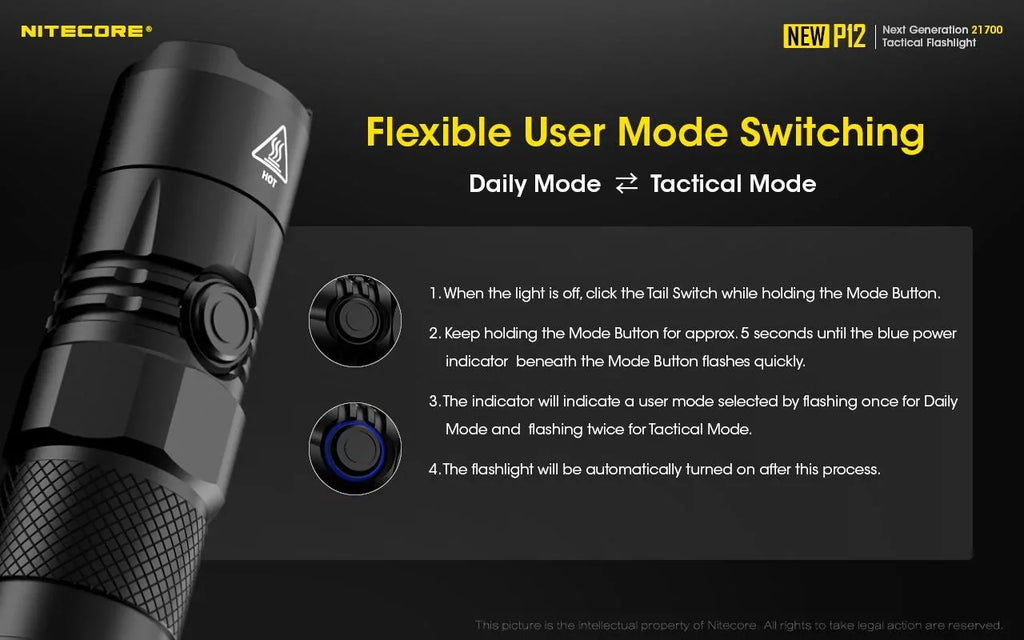 Combo: Nitecore New P12 Version Tactical LED Flashlight - CREE XP-L HD V6 - 1200 Lumens w/RSW3 Pressure Switch
