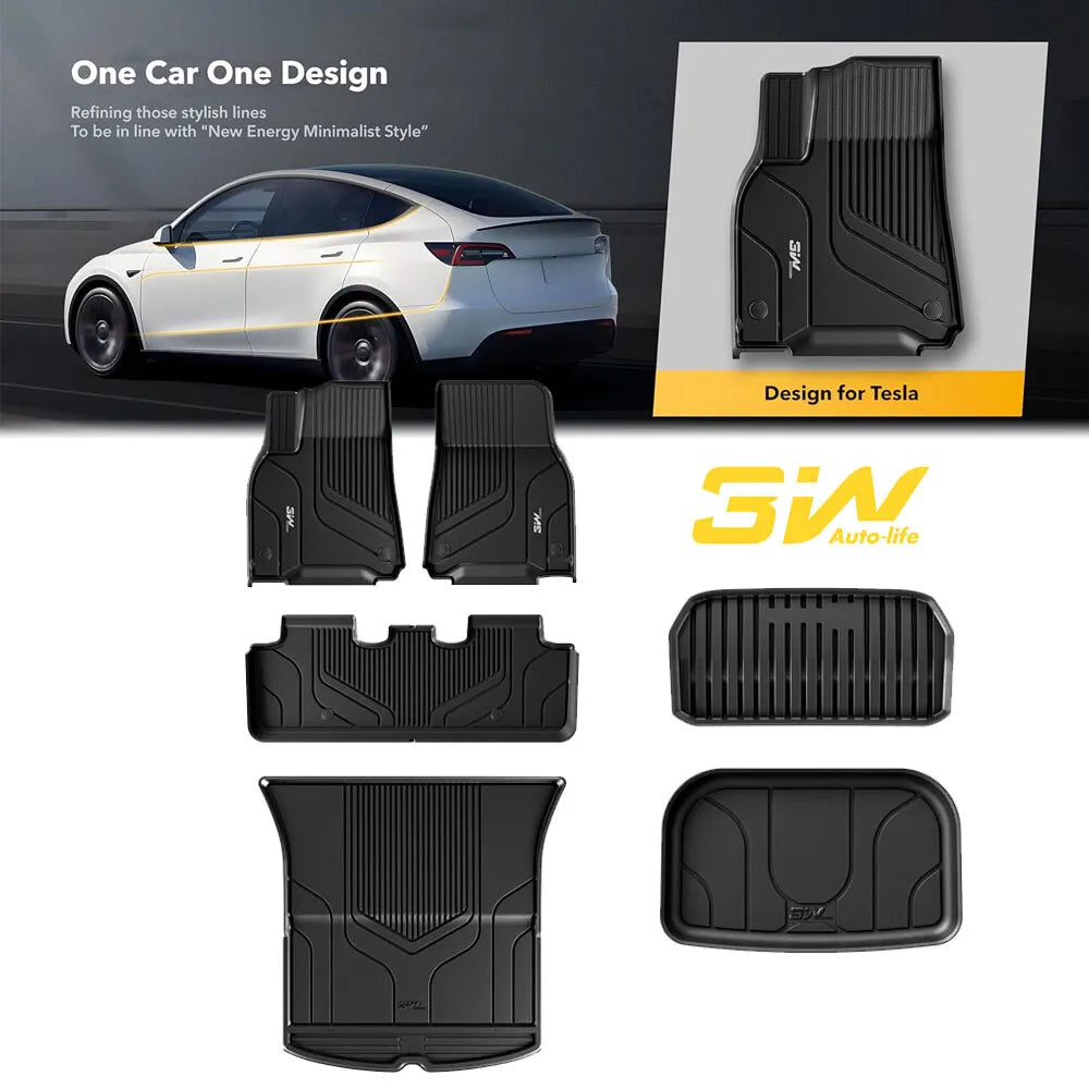3W Floor Mats & Cargo Liner and Storage Mats For Tesla Model Y 2020-2023 All-climate TPE Car Mats for Tesla Model Y Full Set Black Floor Mats and Trunk Mat Custom Fit for Tesla 5-Seater