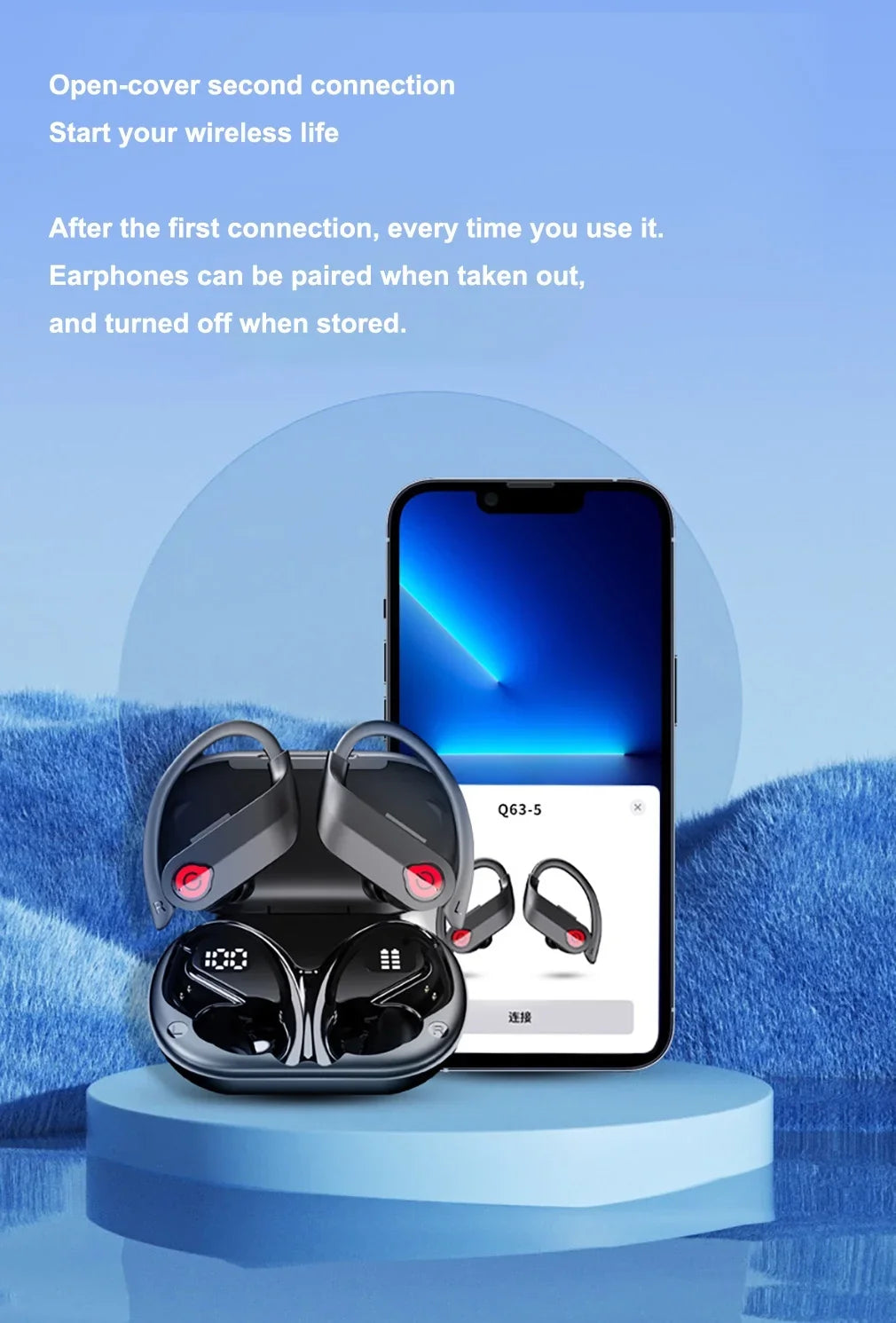 Bluetooth Headphones Wireless Earbuds 20hrs Playtime Charging Case Digital Display Sports Ear buds with Earhook Premium Deep Bass IPX7 Waterproof Over-Ear Earphones for TV Phone Laptop Black