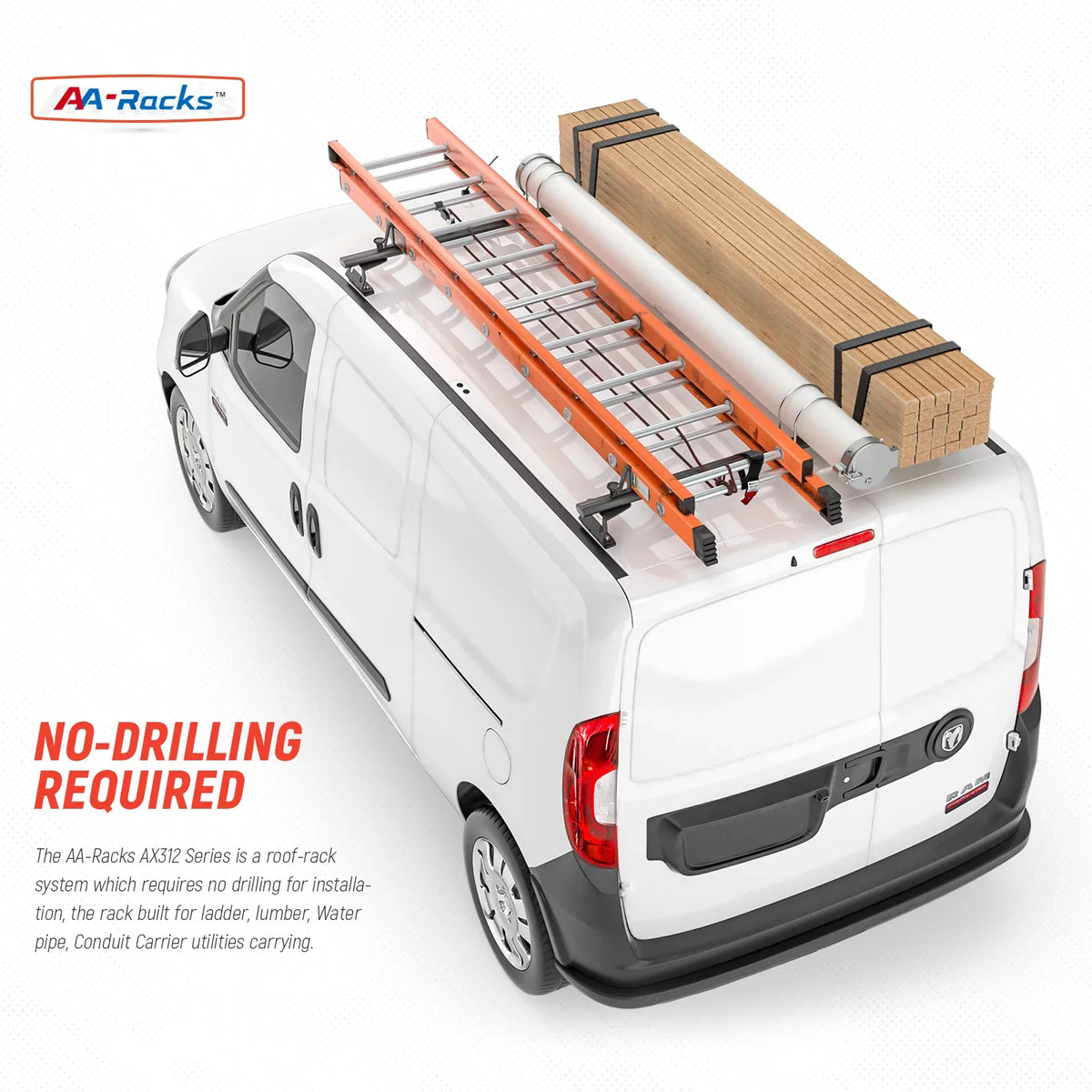 AA-Racks Model AX312-PR RAM ProMaster City 2015-On Aluminum 2 Bar (50") Van Roof Rack System w/ Ladder Stopper Black