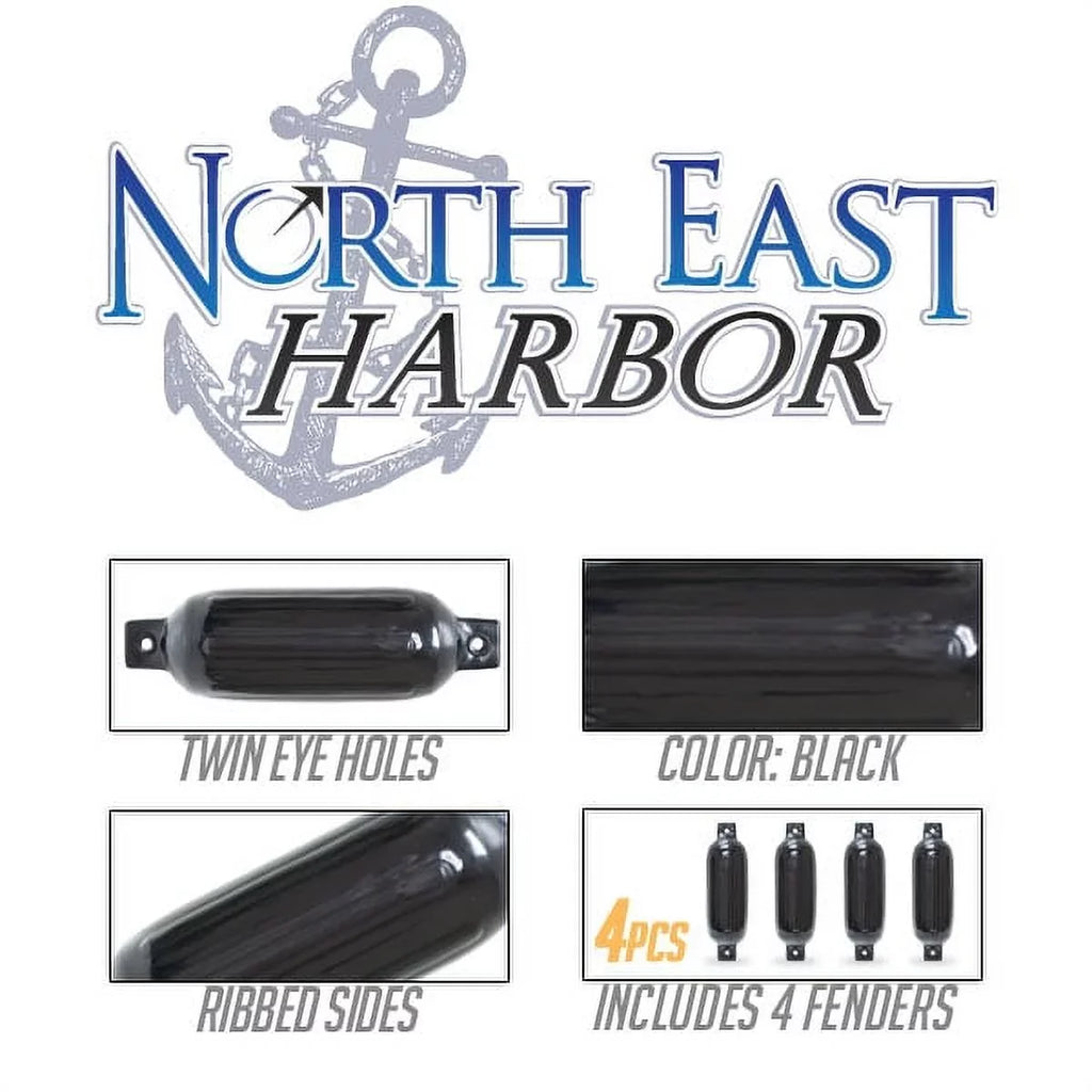 Twin Eye Ribbed vessel Pontoon Fender, Black - 4 Piece. North East Harbor 4516TB 4.5 x 16 in
