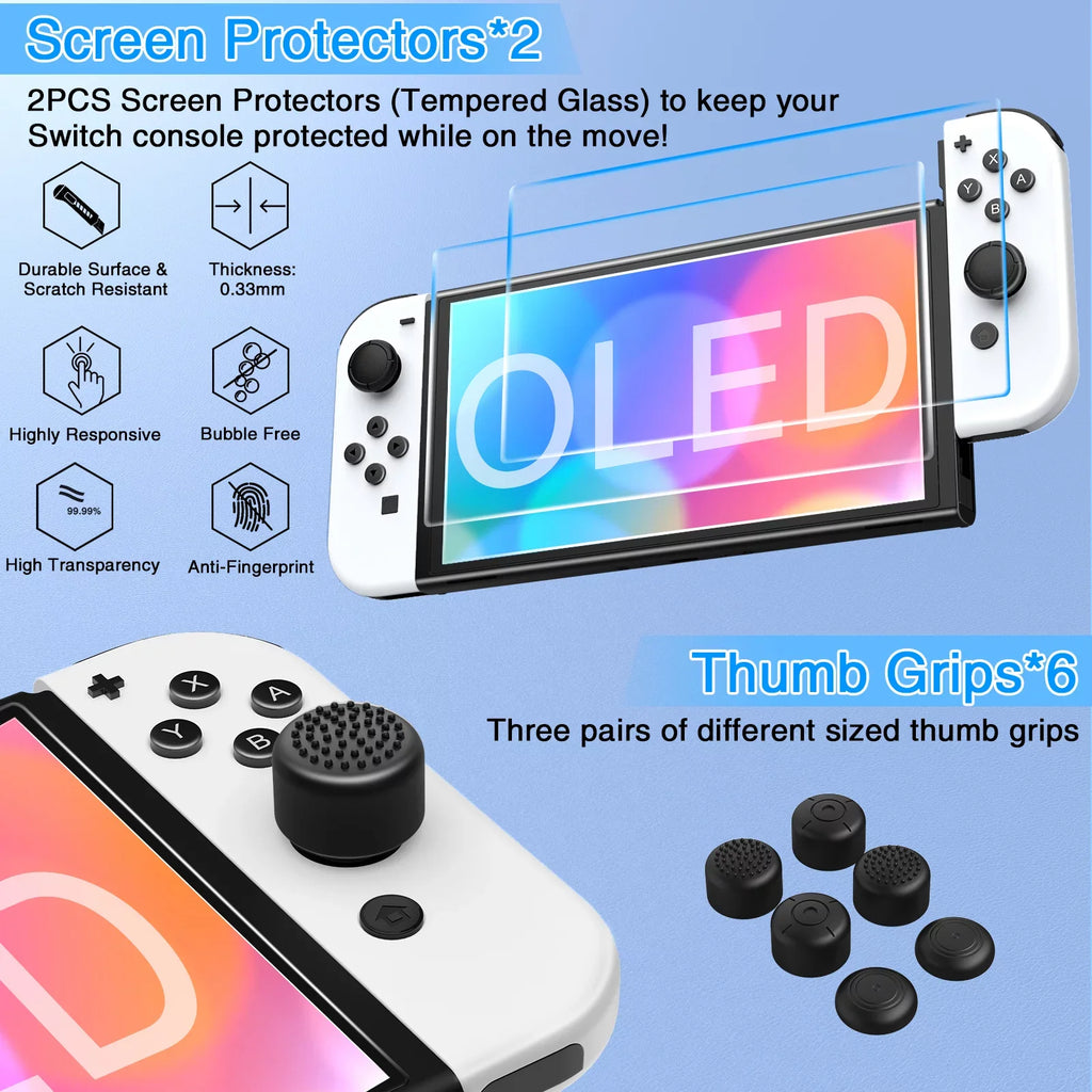 HEYSTOP Switch OLED Accessories for Nintendo Switch OLED Case Bundle,27 in 1 Carry Case for Switch OLED with Protective protector,Grip wrap,Screen Protector,Game Cards Case,Grip Charge Dock, Black