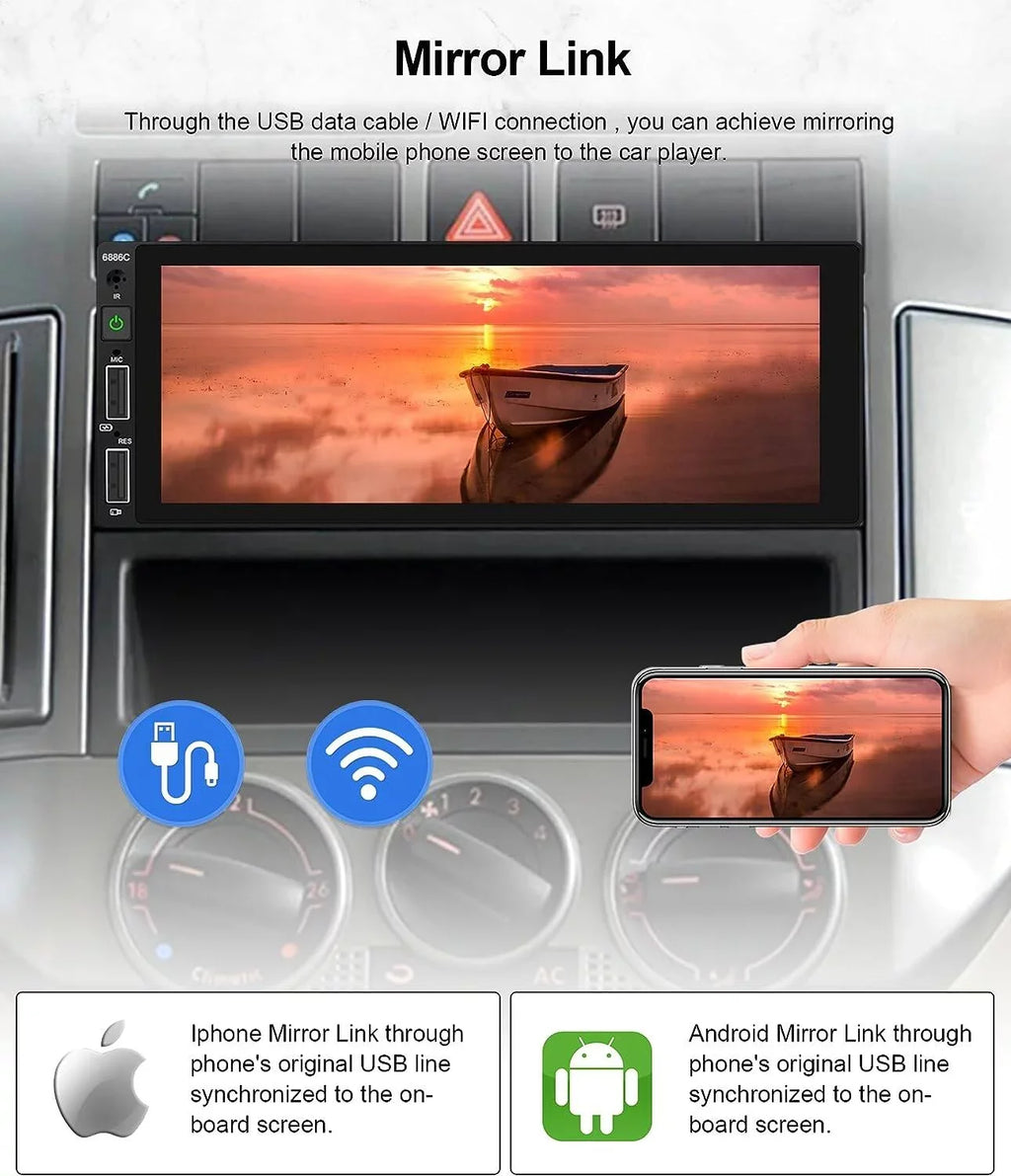 Podofo Single 1 Din 6.86'' HD Touchscreen Car Stereo Radio Wireless Carplay Android Auto Mirror Link Car MP5 Multimedia Player Bluetooth FM Receiver Audio USB,with Mic&Backup Camera
