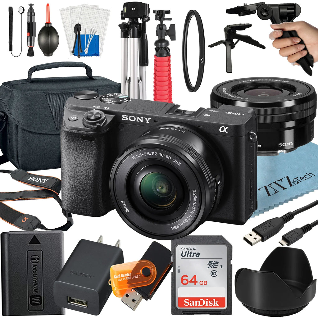 Alpha a6400 Mirrorless Digital Camera with E PZ 16-50mm OSS Lens, 64GB SanDisk Card, Tripod, Case, ZeeTech Accessory Bundle