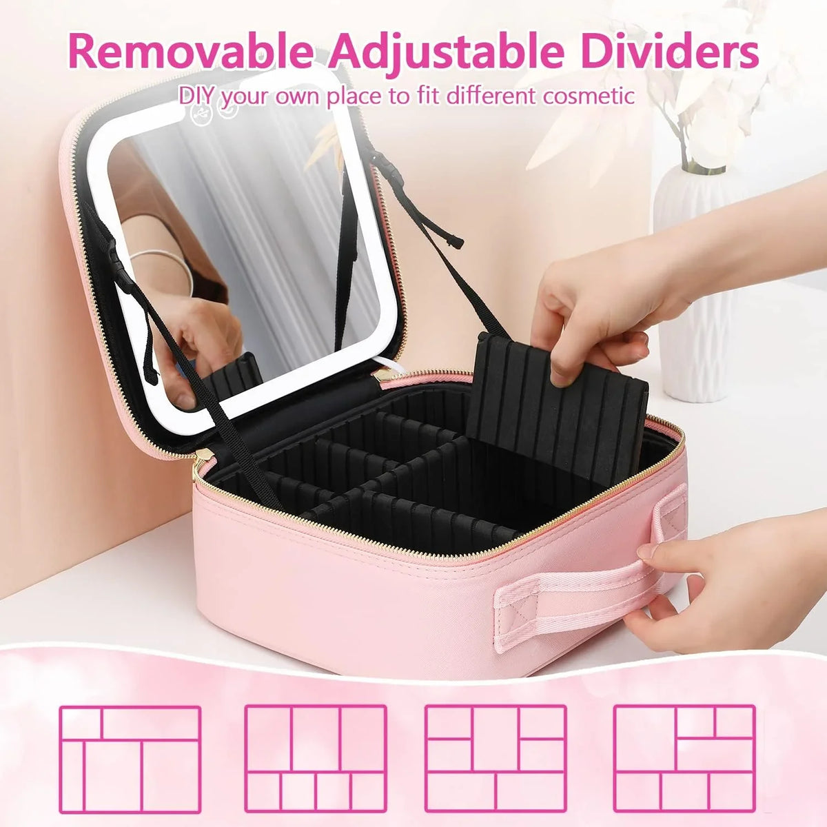 Aokur Travel Makeup Bag with Light and Mirror, 3 Color LED Light Travel Makeup Organizer for Women, Rechargeable Makeup Case Beauty Tools Accessories Ideal Gifts for Her, Pink
