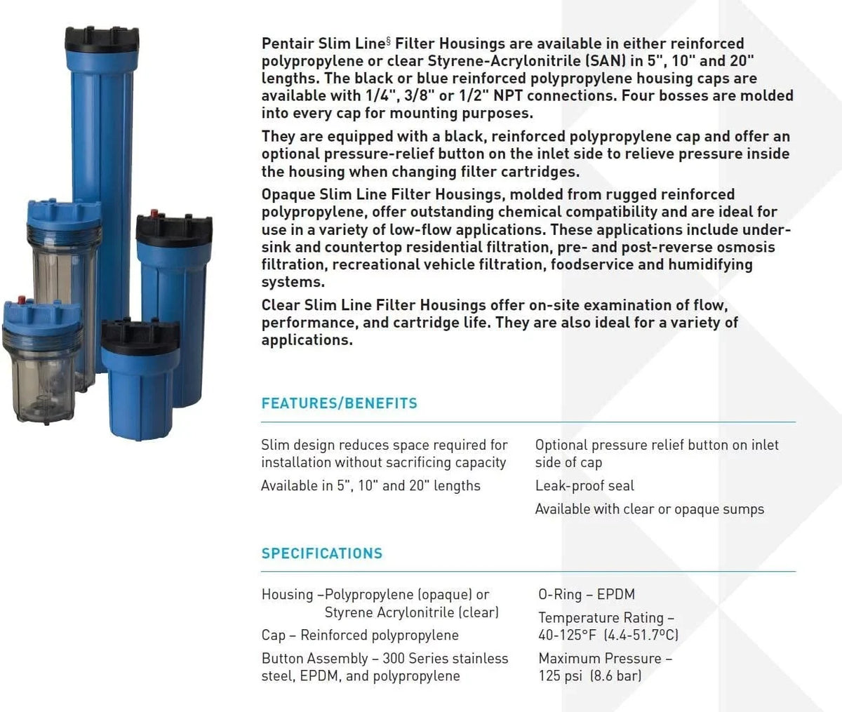 No pressure release.. Pentek 158116 10" Slim Line Filter Housing features a clear sump and 1/4" Female Pipe Threads