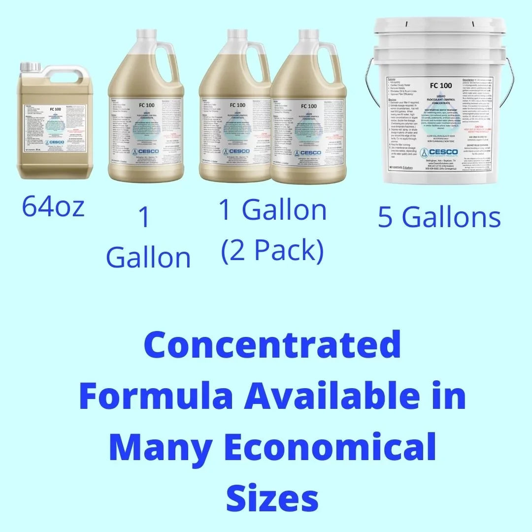 Cesco Solutions FC-100 Flocculant Clarifier - Concentrated aqua Cleaning Liquid for Swimming Pool, Pond, Spa - Non-Toxic Pool Chemicals - Eco-Friendly, Safe Pool Supplies  - 64 Oz
