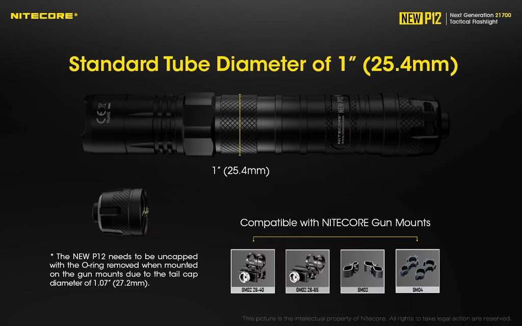 Combo: Nitecore New P12 Version Tactical LED Flashlight - CREE XP-L HD V6 - 1200 Lumens w/RSW3 Pressure Switch