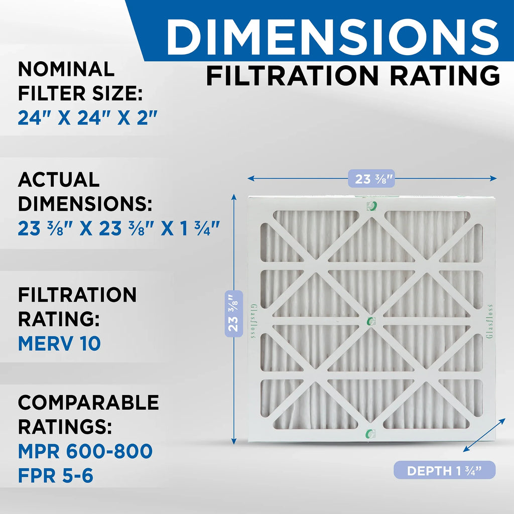Actual Size: 23-3/8 x 23-3/8 x 1-3/4. 12 Pack of 24x24x2 MERV 10 Pleated 2" Inch Air Filters by Glasfloss