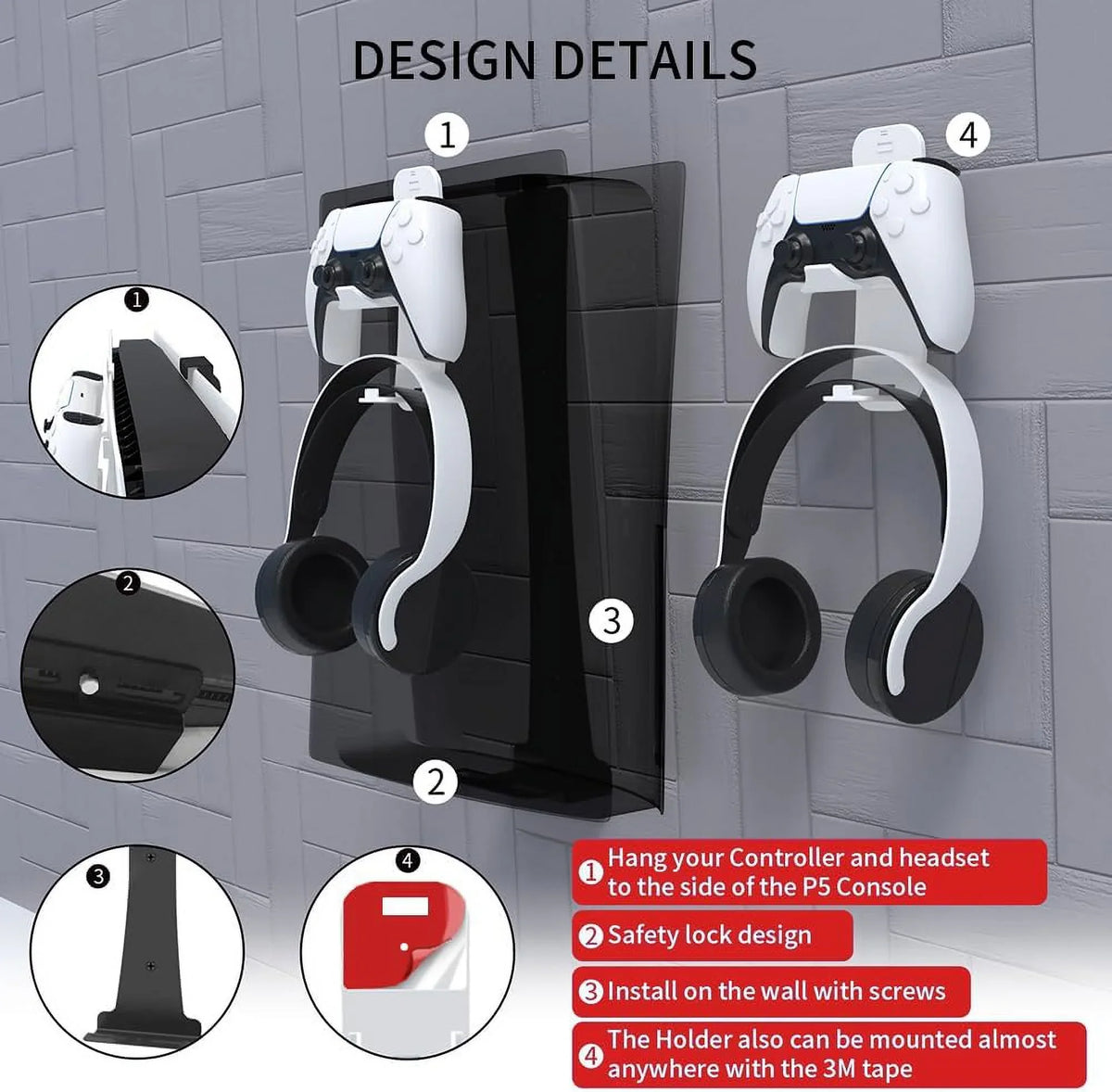 Uberwith Steel Wall Mount Bracket appropriate with PS5 Slim, Stable Metal Wall Hanging Stand for PS5 Slim with Controller Holder & Headphone Hanger,Black