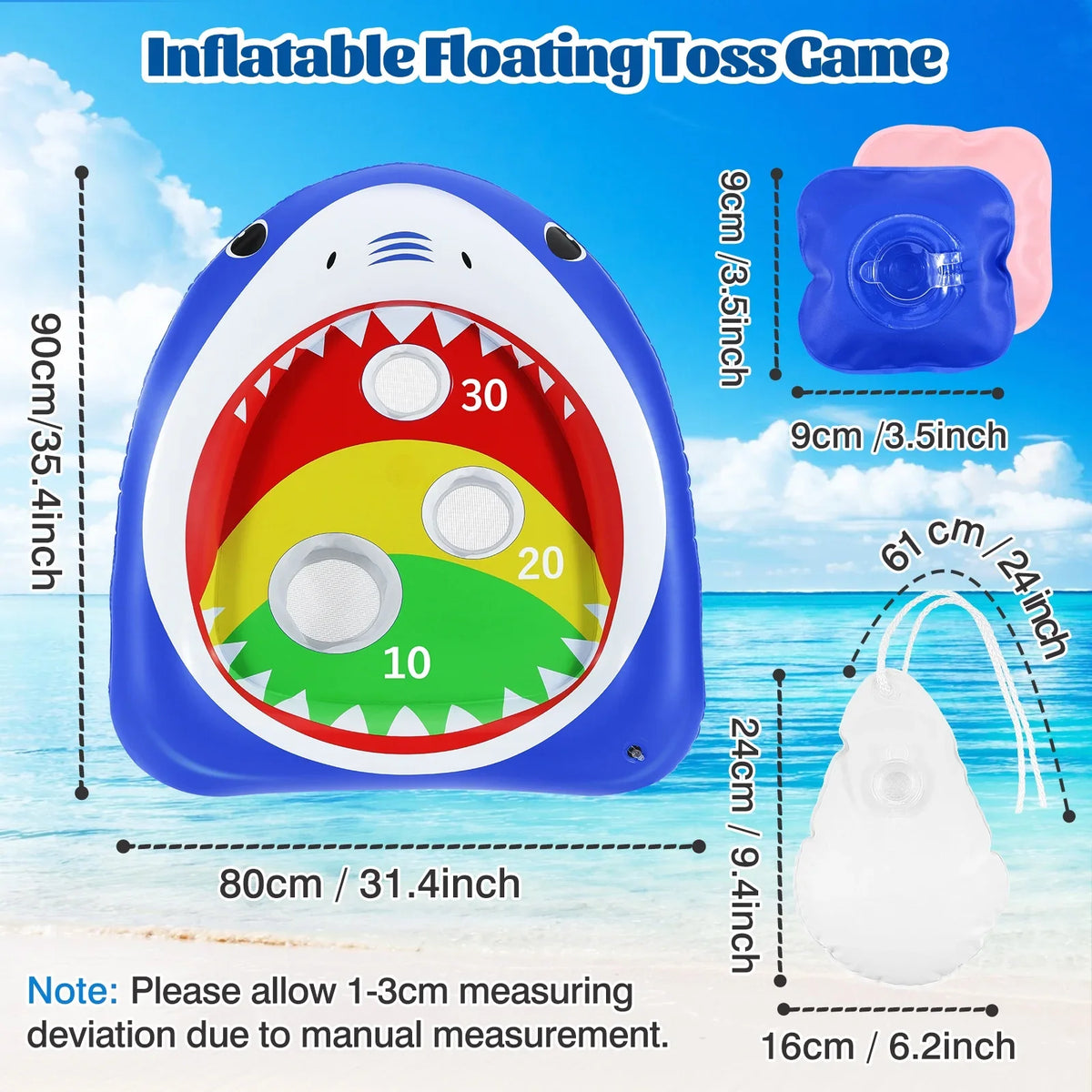 MoKo Pool Shark Ring Toss Games Toys with 8 Sandbag, Summer Inflatable Floating Toy for Kids Adults Family Party aqua Carnival, Blue