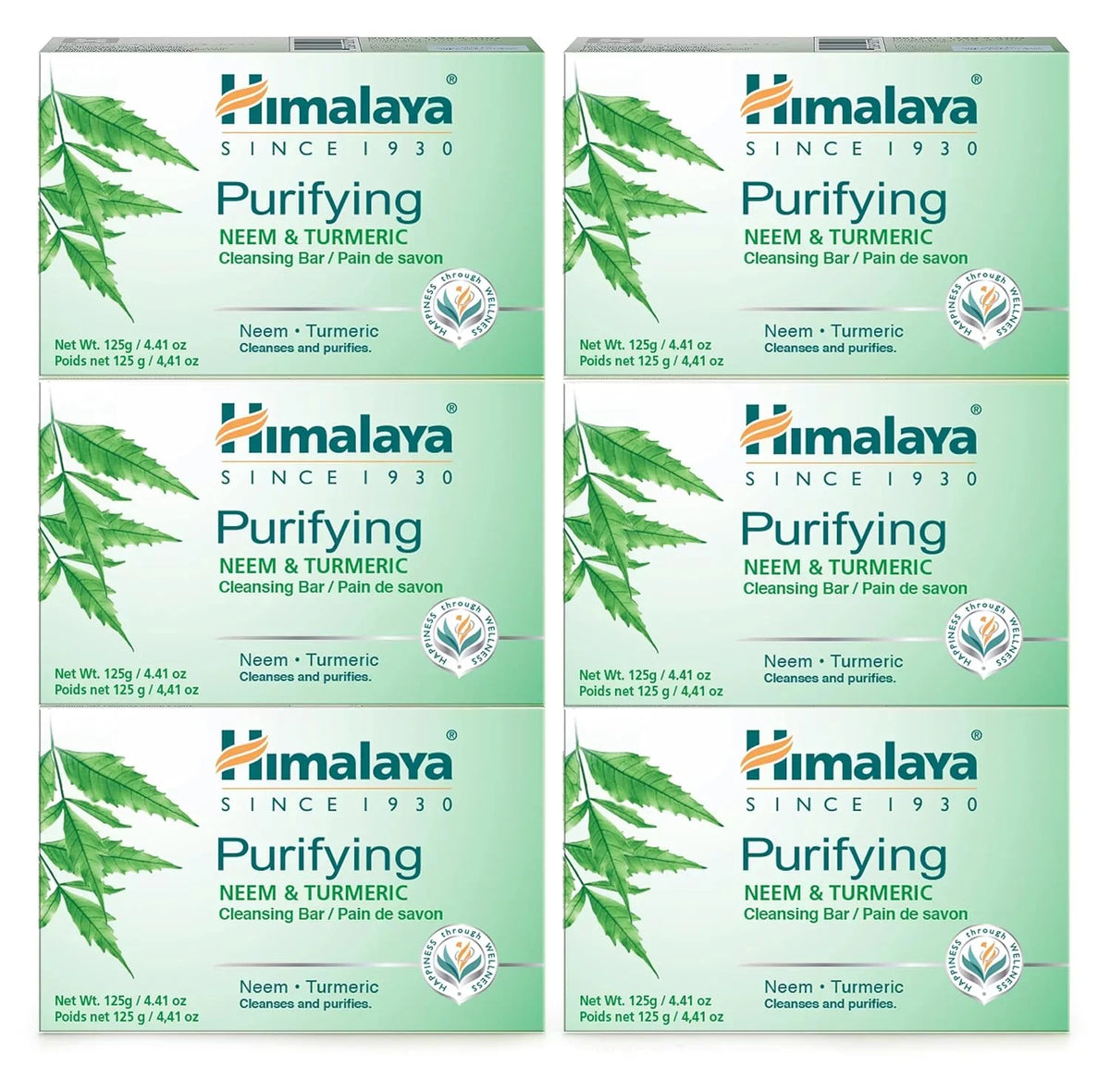 Himalaya Purifying Neem & Turmeric Cleansing Bar for Clean and Healthy Looking Skin, Free from Parabens, SLS and Phthalates, Gluten Free, Vegan, 125 g (4.41 oz), 6 Pack Neem & Turmeric 4.41 Ounce (Pack of 6)