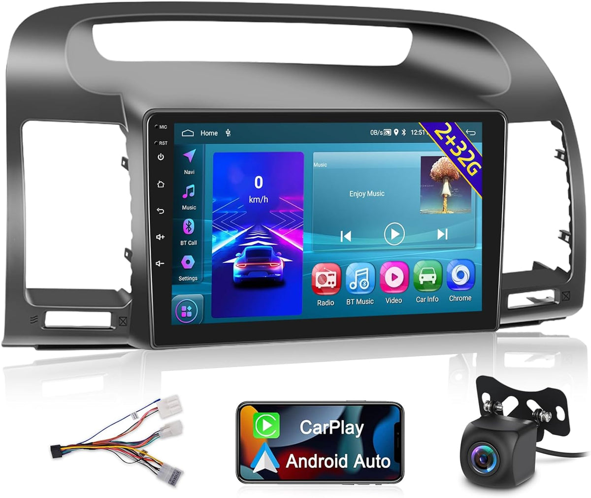 THONZER For  Camry 2000-2006, 9 Inch Touchscreen Radio Built in Wireless Carplay and Andriod Auto with Mirror Link, WiFi, GPS, Dual USB + Rear View Camera 2+32G Android Car Stereo