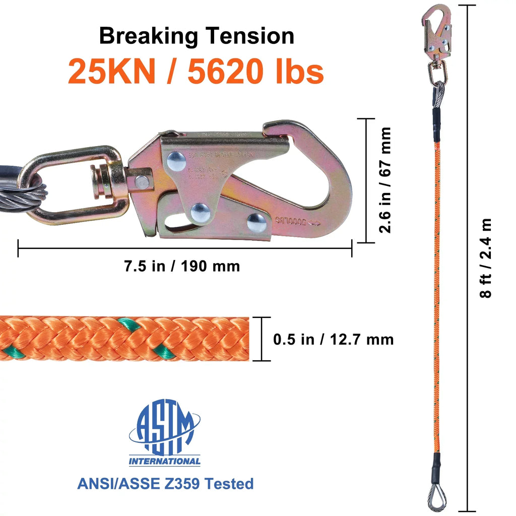 BENTISM Steel Core flipline, 1/2" x 8' Arborist Flipline, Flip Line for Tree Climbing with Alloy Steel Snap Hook, Aluminum Alloy Carabiner and Extra Tool Lanyard, for Arborist, Tree Climbers
