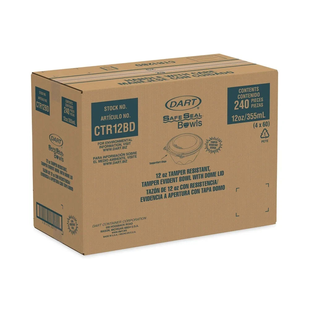Dart Tamper-immune, Tamper-Evident Bowls with Dome Lid, 12 oz, 5.5" Diameter x 2.6"h, Clear, Plastic, 240/Carton