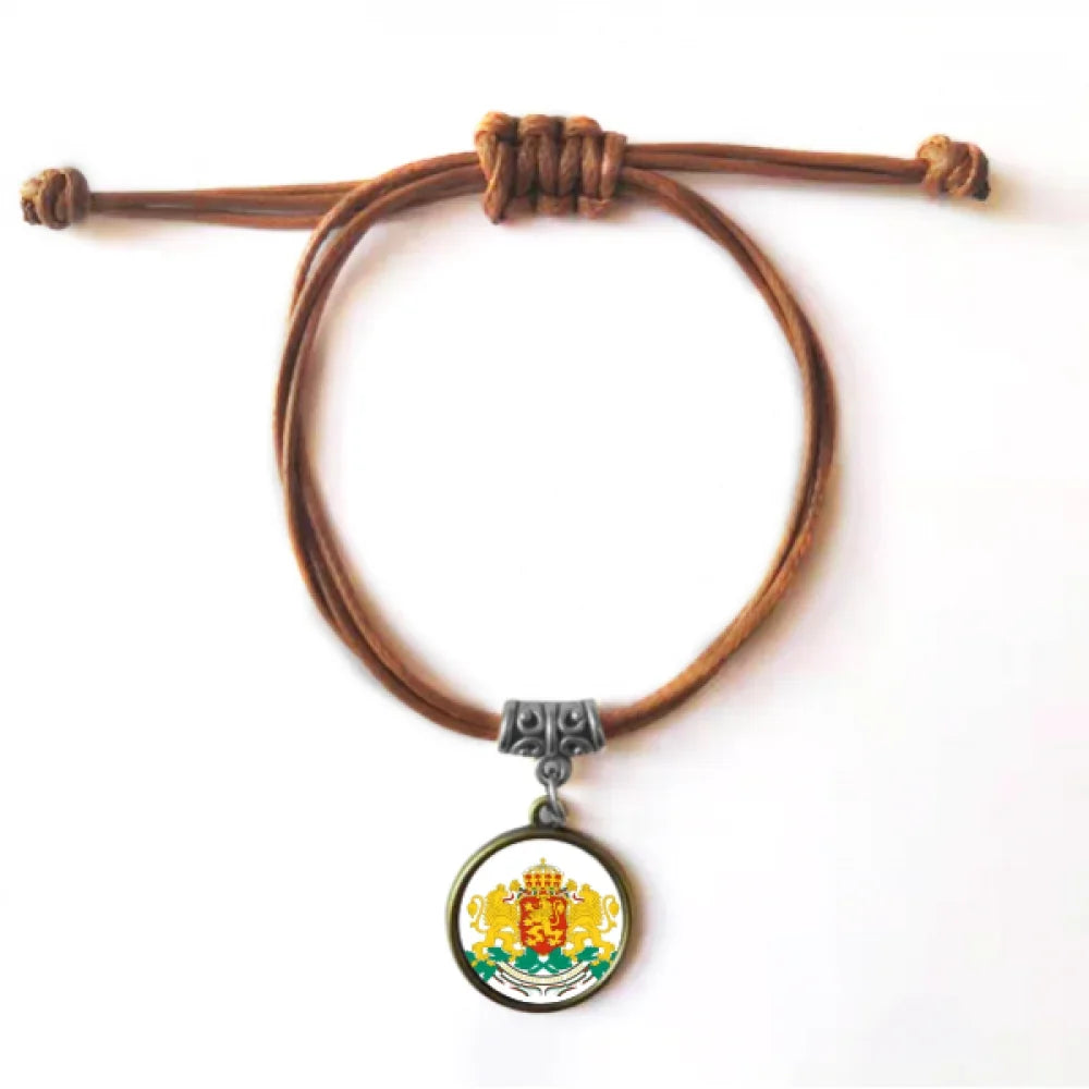 Bulgaria National Emblem Bracelet Leather Hide Rope Wristband Brown Jewelry